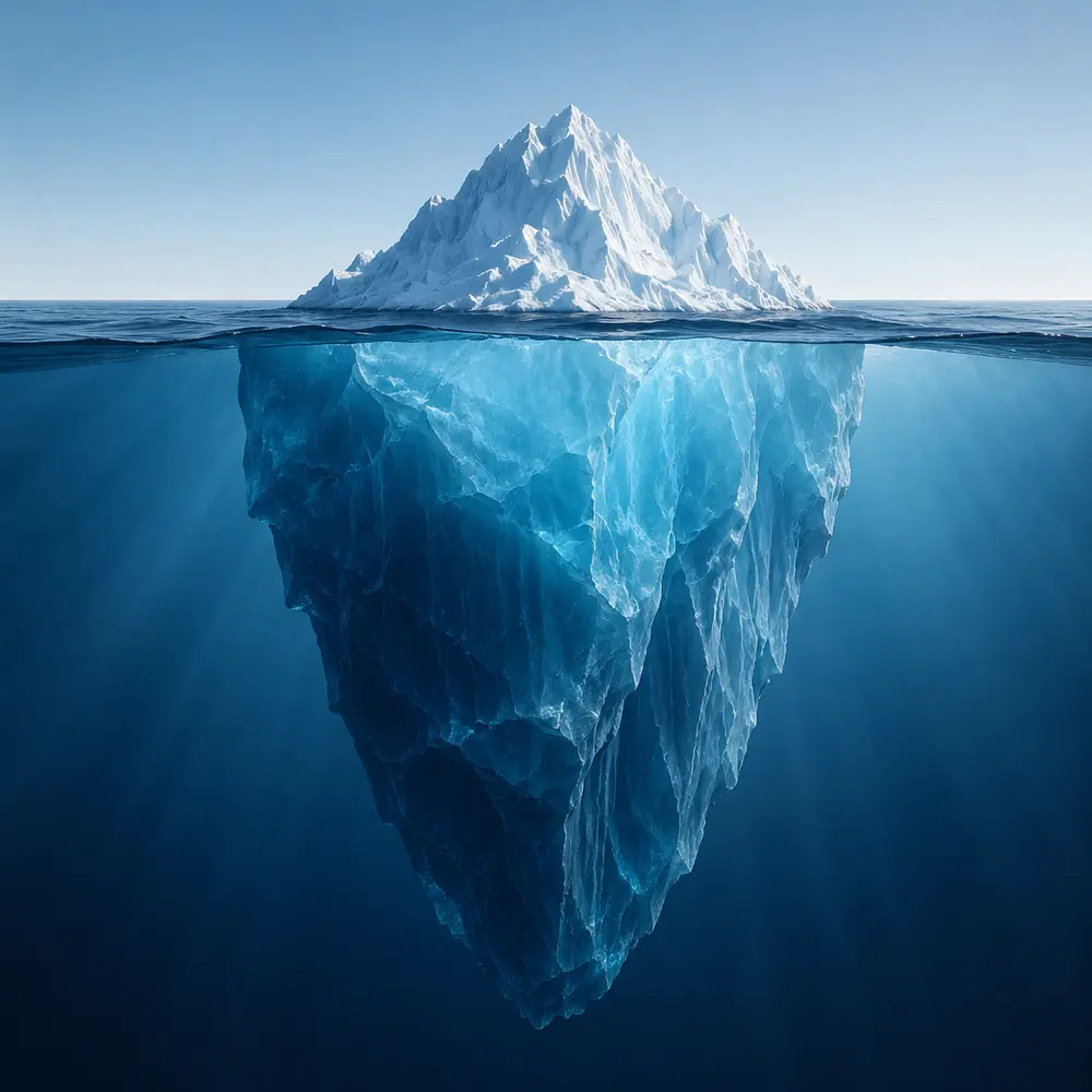 Iceberg realista que muestra una pequeña parte visible y una masa mucho mayor bajo el agua